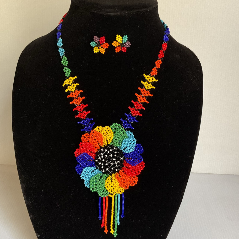 MEXICANA Multicolor Beaded Flower Pendant Necklace with Fringe